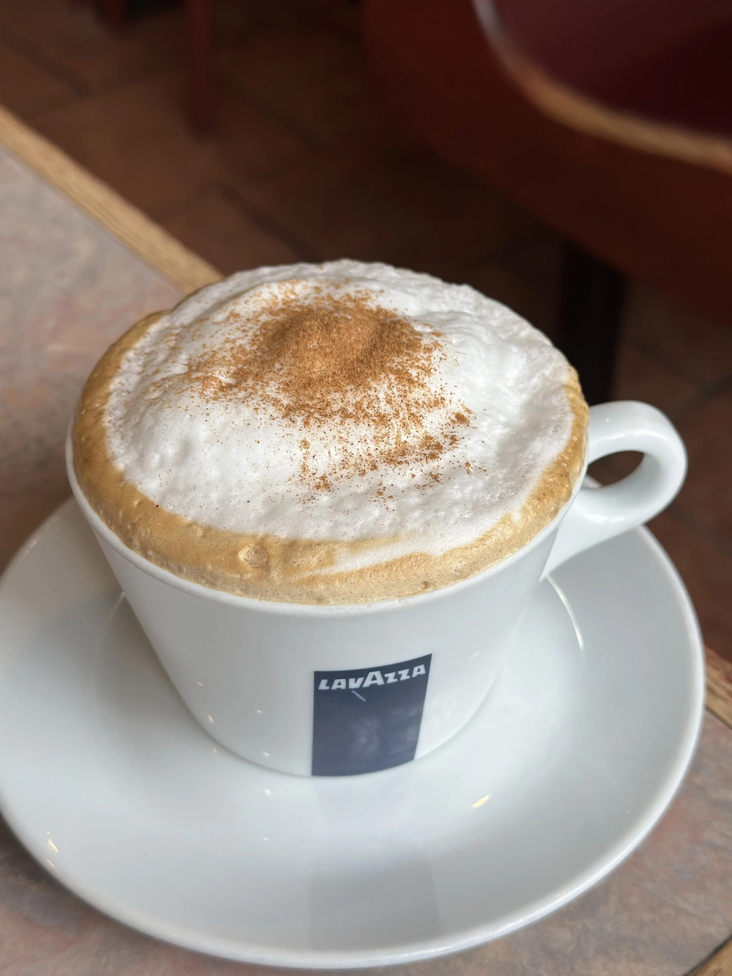 A white cup of cappuccino with frothy milk and a dusting of cinnamon, placed on a white saucer on a wooden table.