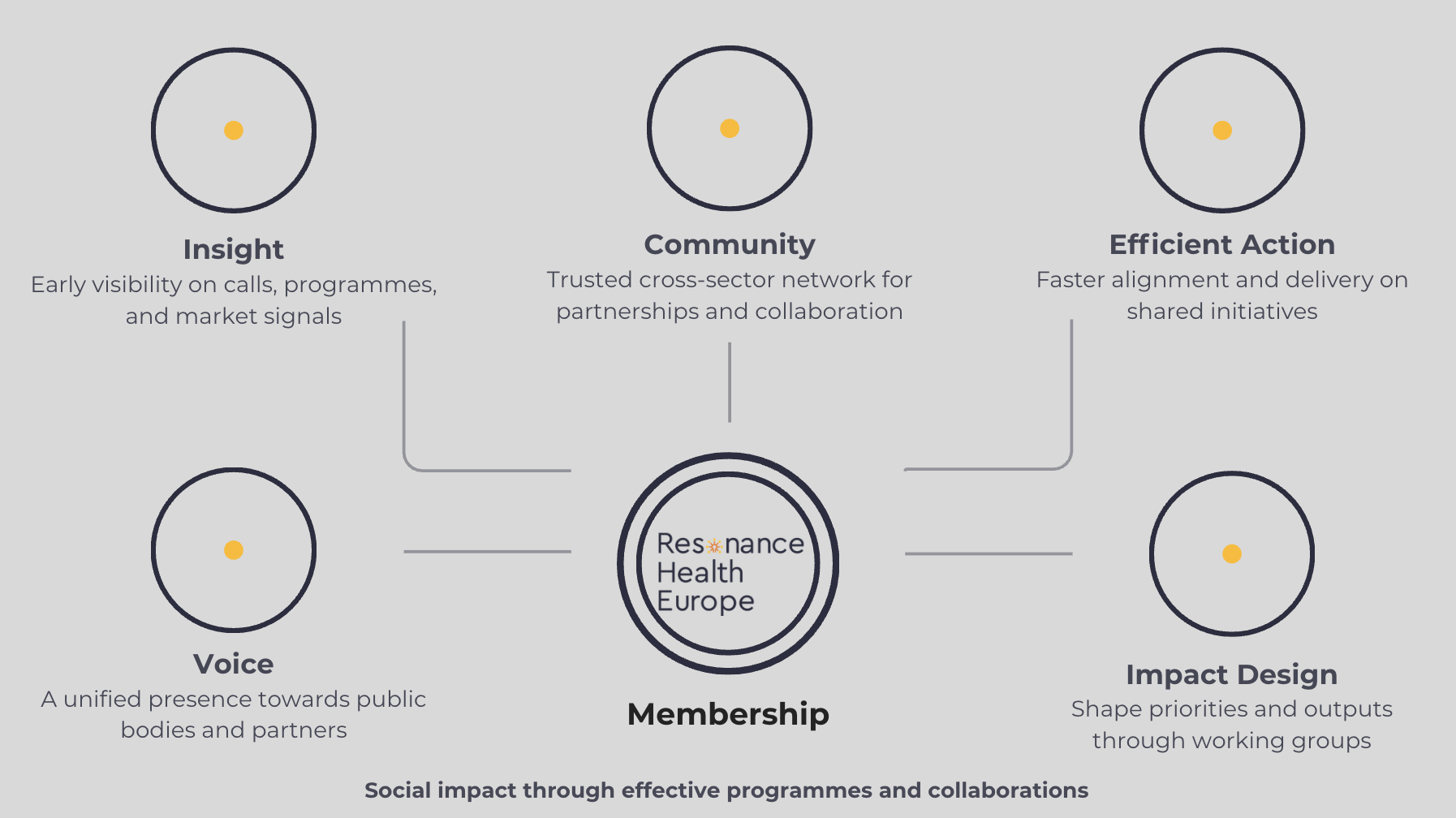 Diagram showing what Resonance Health Europe members gain access to by illustrating five key areas: Insight, Voice, Community, Efficient Action, and Impact Design, surrounding a central circle labeled 'Membership' with 'Resilience, Health, Europe.'