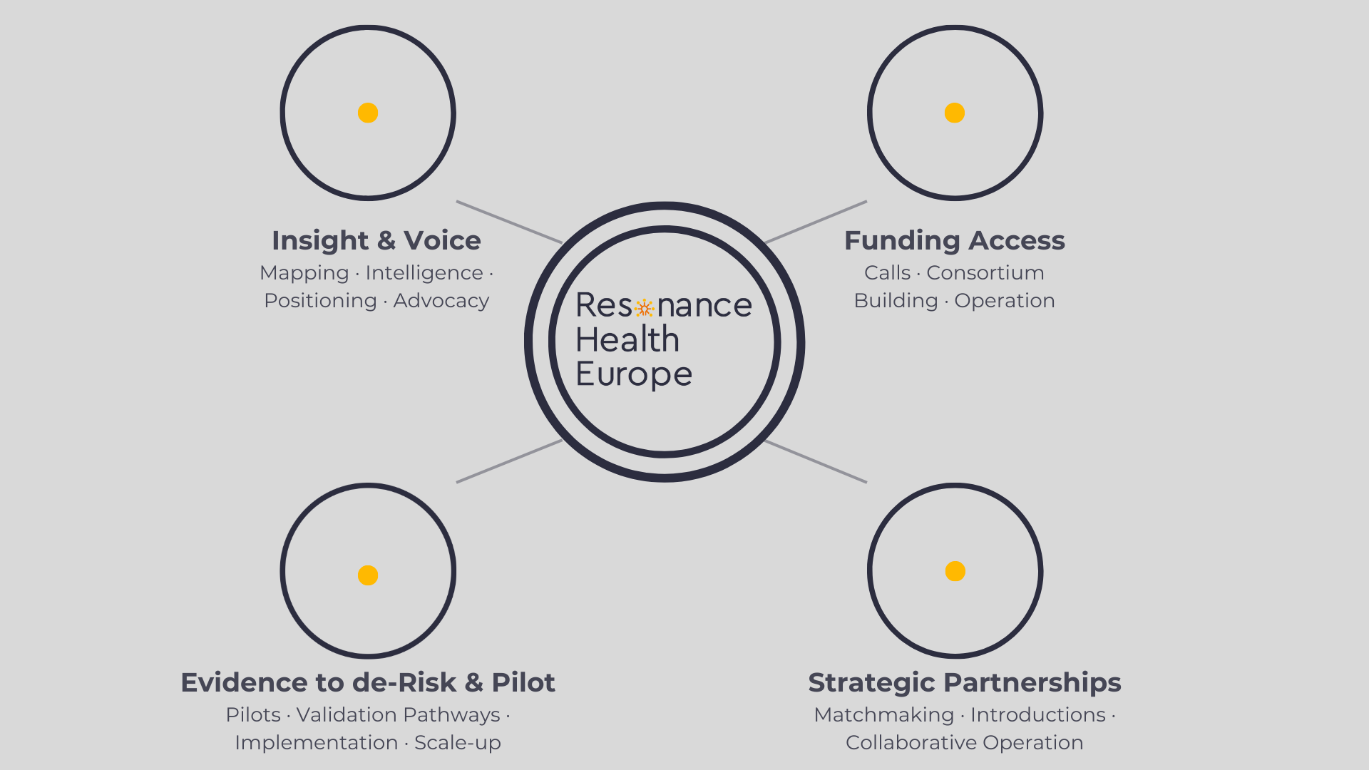 A diagram with a central circle labeled "Resilience Health Europe" connected to four sections: Insight & Voice, Funding Access, Evidence to de-Risk & Pilot, and Strategic Partnerships, each with related bullet points.