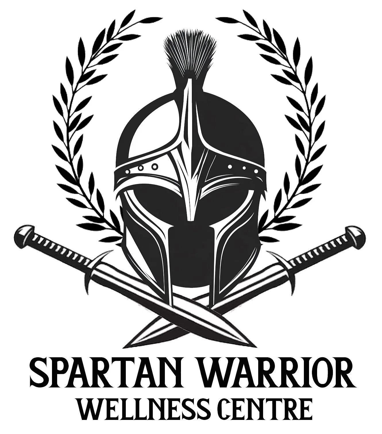 Logo of Spartan Warrior Wellness Centre featuring a Spartan helmet with two crossed swords and laurel branches.