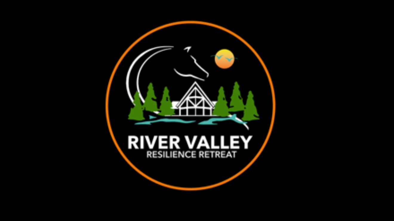 Logo for River Valley Resilience Retreat featuring a stylized river, trees, a cabin, a sun, a wolf's head silhouette, and a bird in flight, with text.