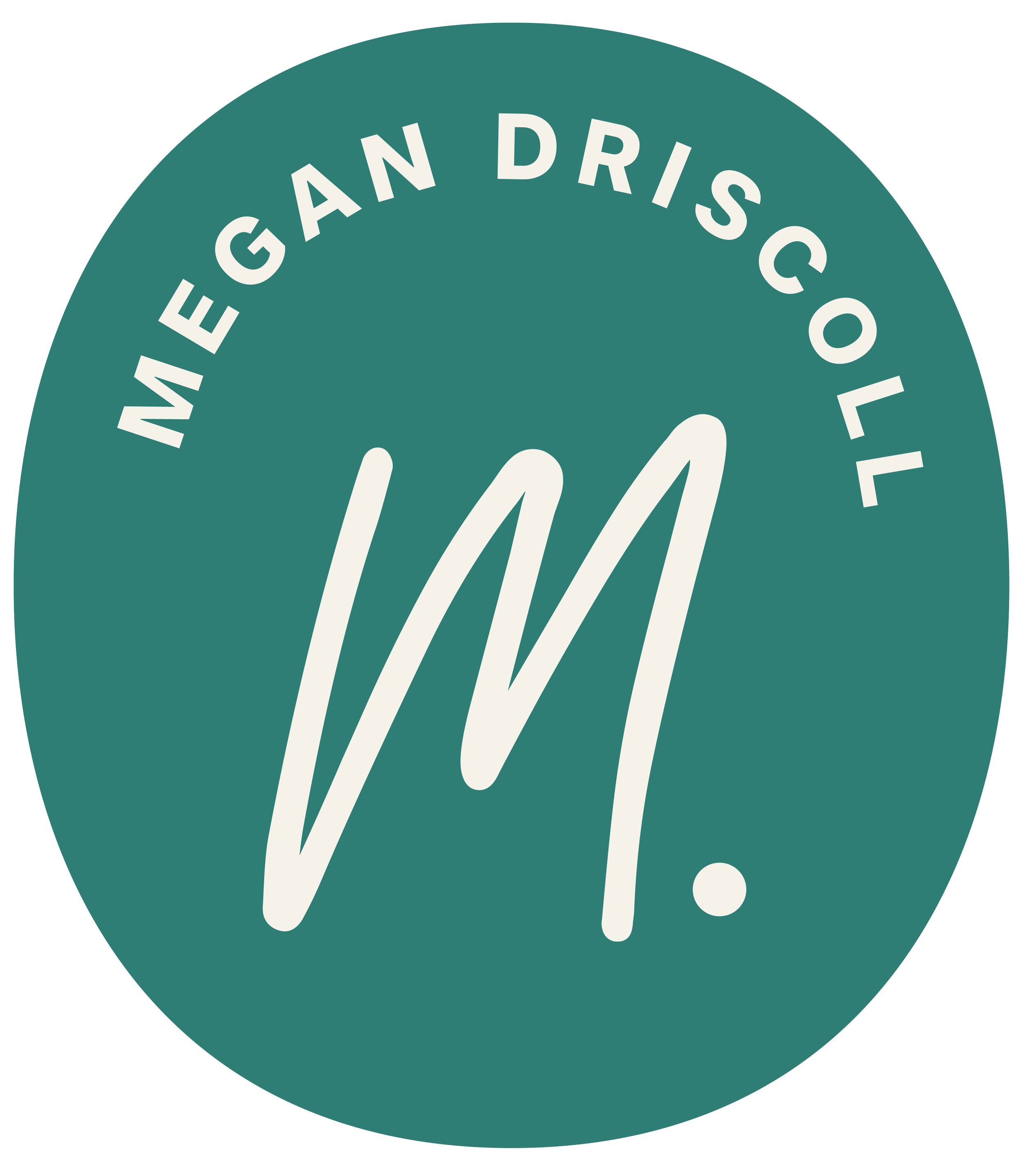 Teal circle with MEGAN DRISCOLL curved at the top and a large handwritten M. in the center.