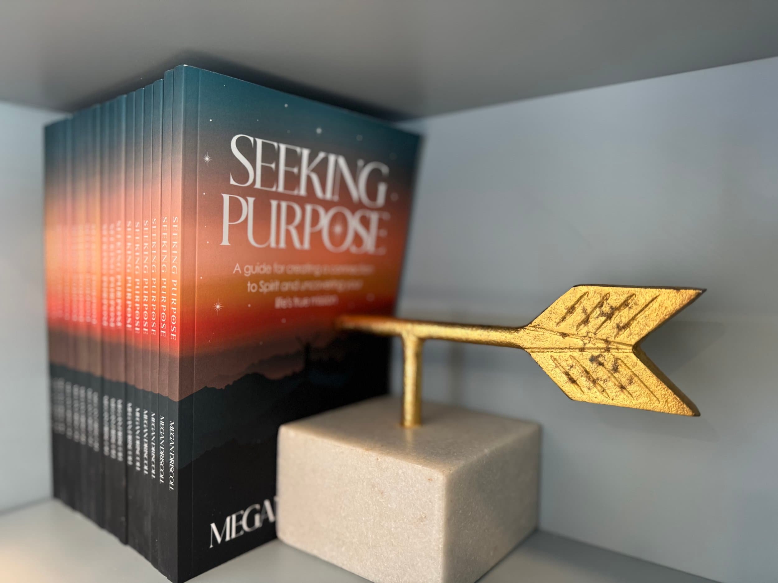 Stack of Seeking Purpose books next to a decorative gold arrow on a marble base, displayed on a shelf.