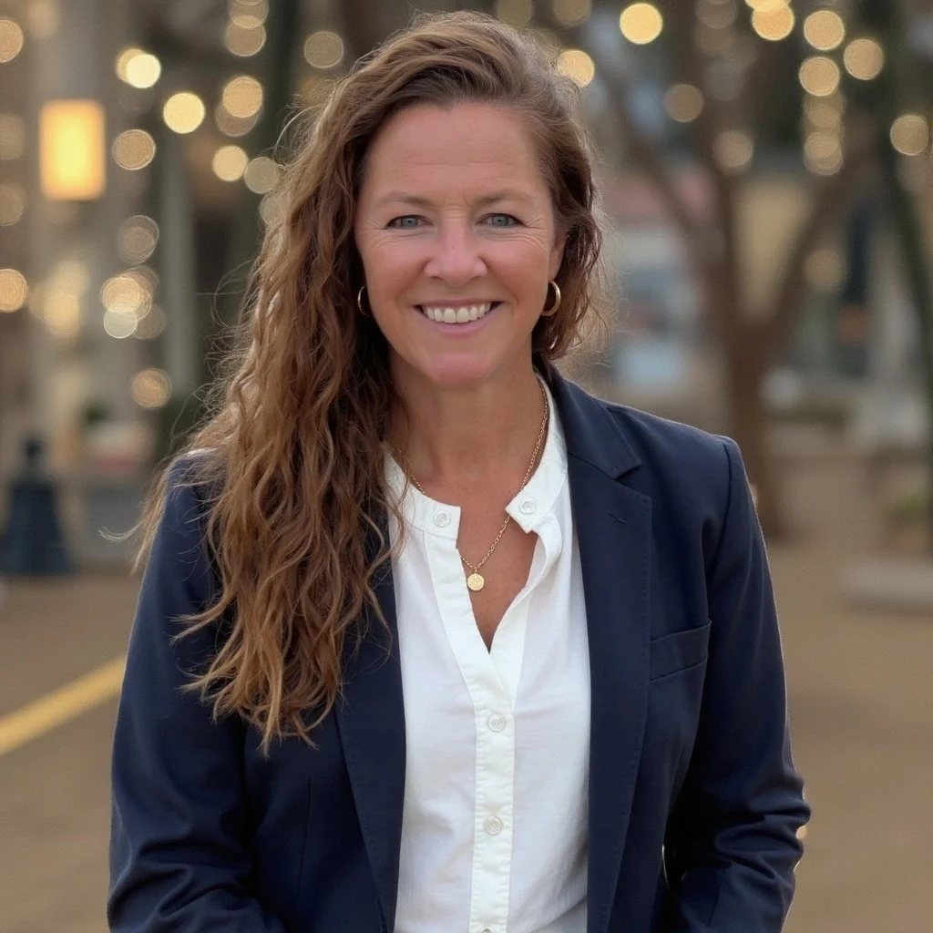 A woman with long wavy hair in a blazer smiles outdoors, with blurred lights and trees in the background.