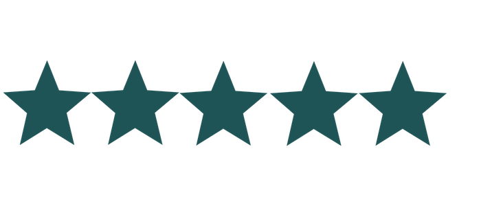 Five teal stars with black outline, aligned horizontally.