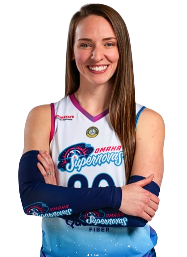 Allison Whitten Holder - Volleyball. A young woman with long brown hair wearing a white and purple volleyball jersey with blue and red logo that reads "Omaha Supernovas" and the number 00, smiling with arms crossed.