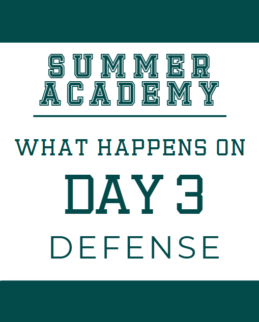 Summer Academy sign with text 'What Happens on Day 3 Defense' in green and white.