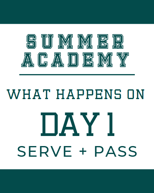 Summer Academy event announcement with text 'What Happens on Day 1 Serve + Pass' on a teal and white background.