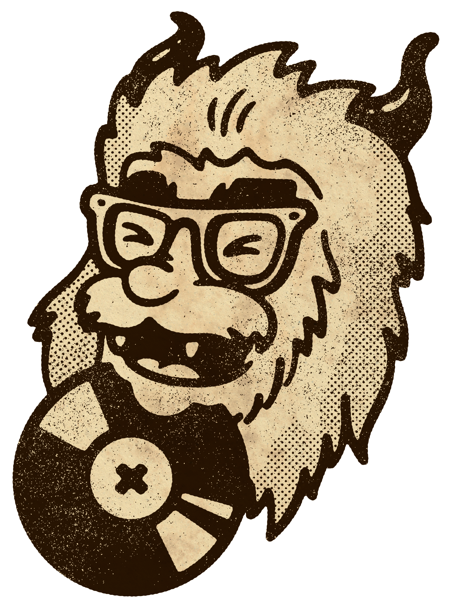 Illustration of a lion wearing glasses, smiling, with a vinyl record.