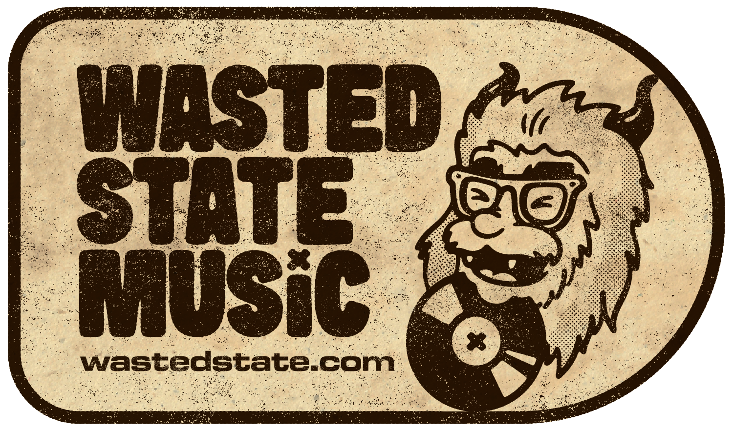 Vintage-style graphic with the text 'WASTED STATE MUSIC' and the website 'wastedstate.com'. It features a cartoon lion with glasses, a bearded face, and a vinyl record.