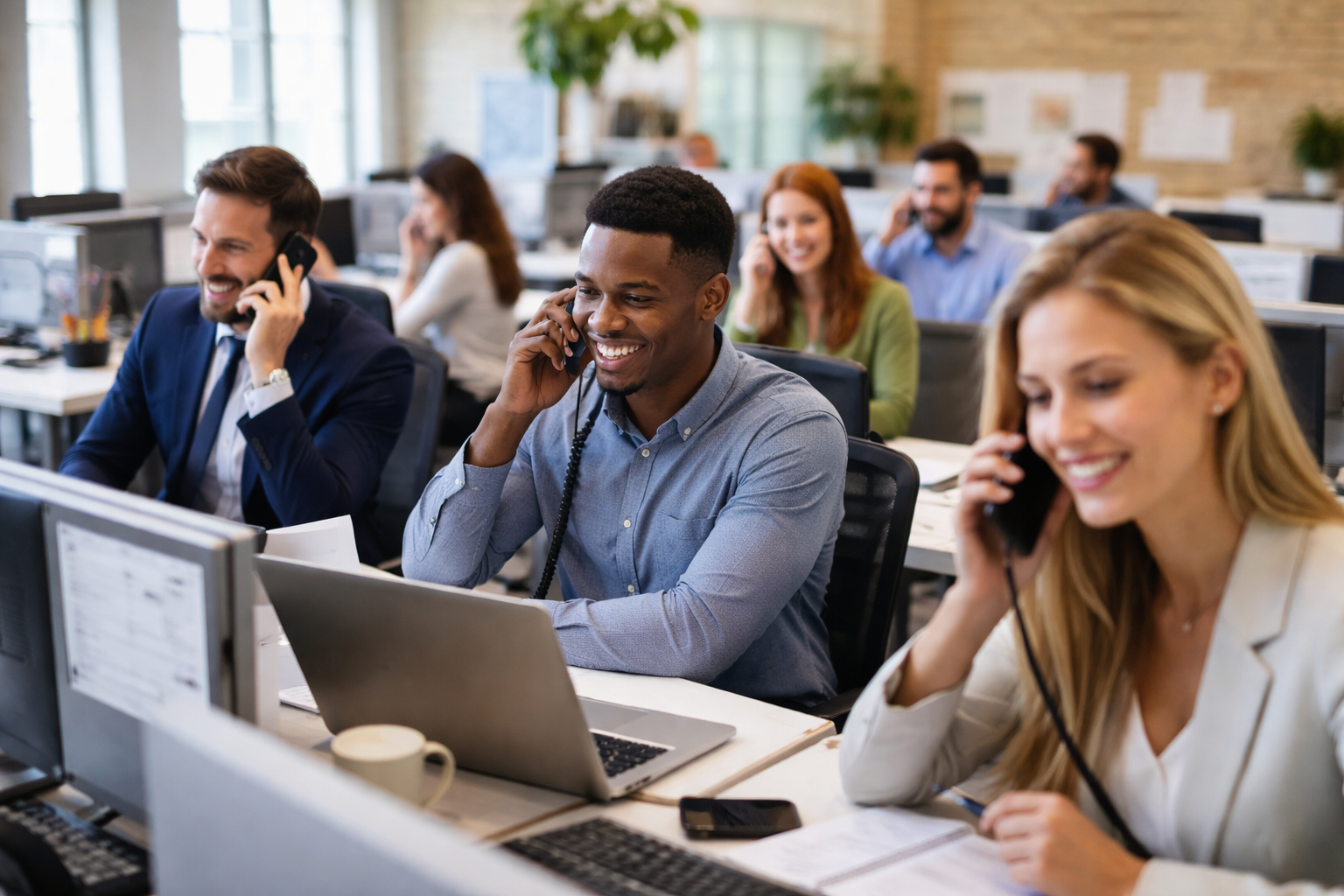 Office workers talking on phones, smiling at their desks in a modern, open-plan workspace.