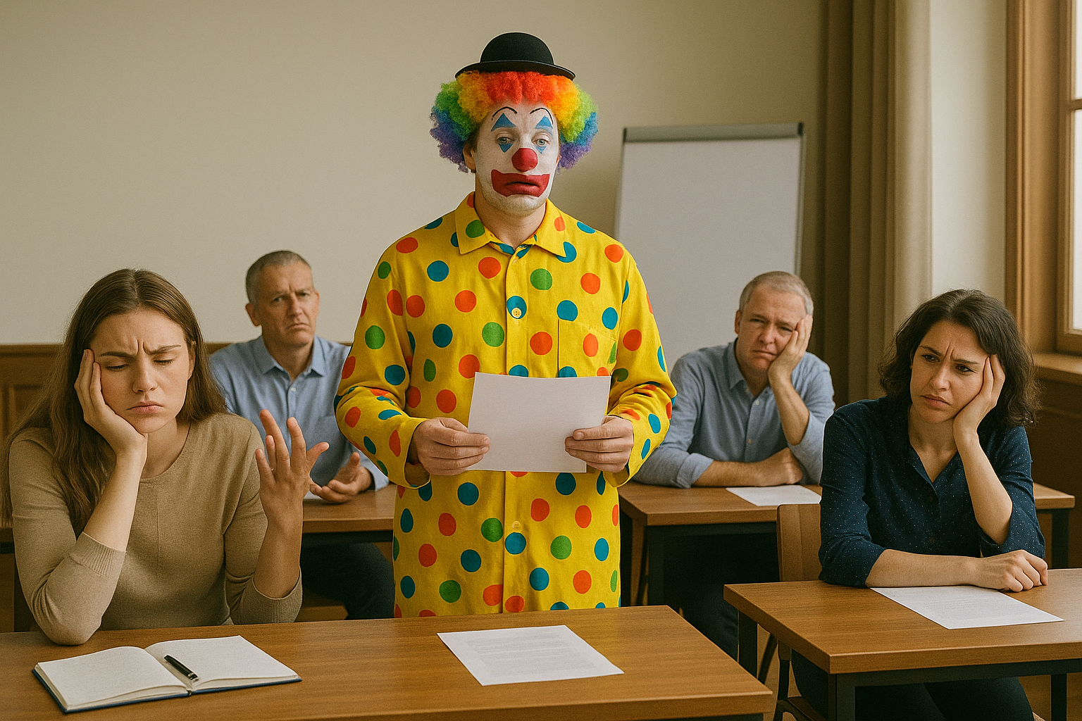 A person dressed as a clown with rainbow curly hair, face makeup, and colorful polka-dot costume stands in a classroom or meeting room, reading from a piece of paper while four people seated at desks look on with bored or concerned expressions.