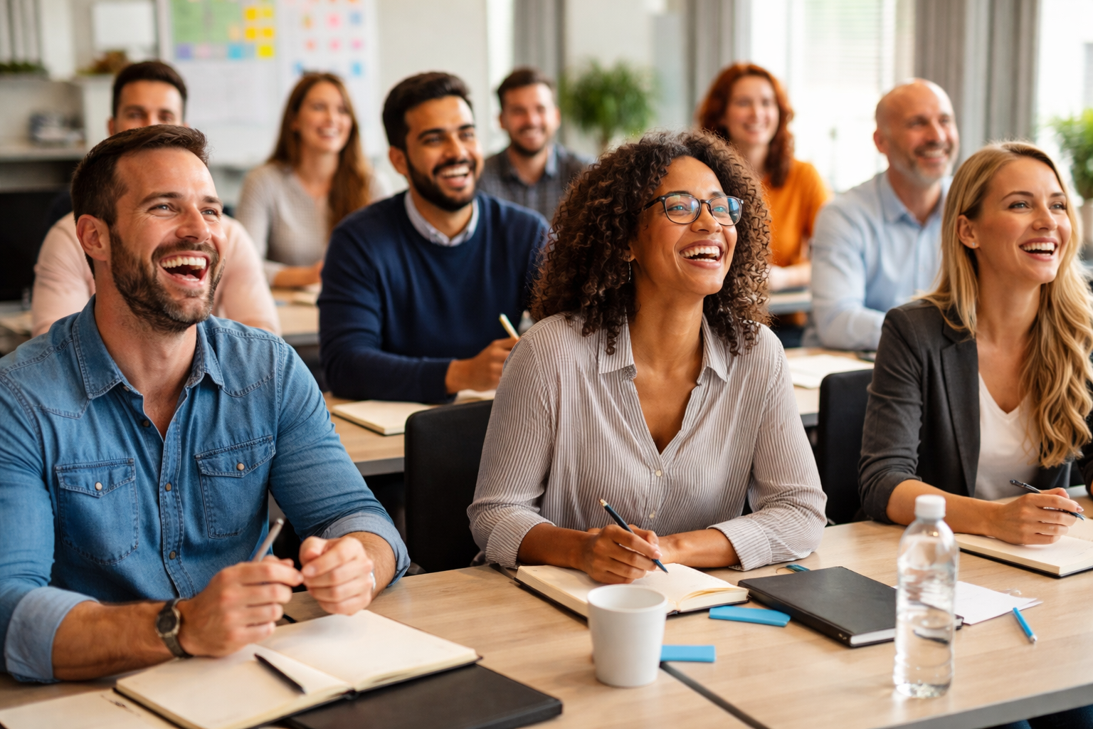 Group of diverse people in a classroom or seminar, smiling and laughing, sitting at tables with notebooks, pens, a water bottle, and cups.