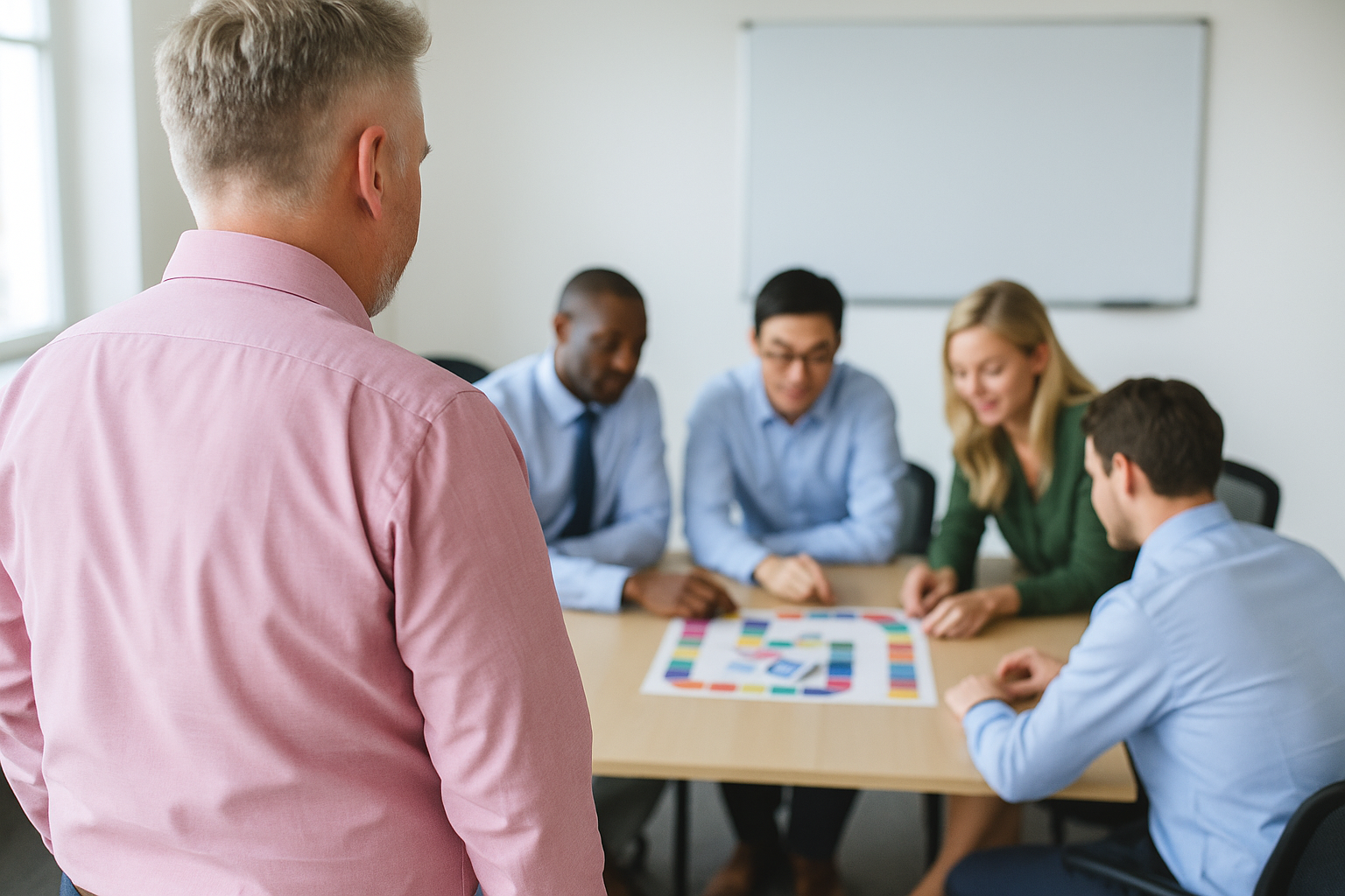 A man in a pink shirt observing a group of four people playing a board game at a conference table in a meeting room.