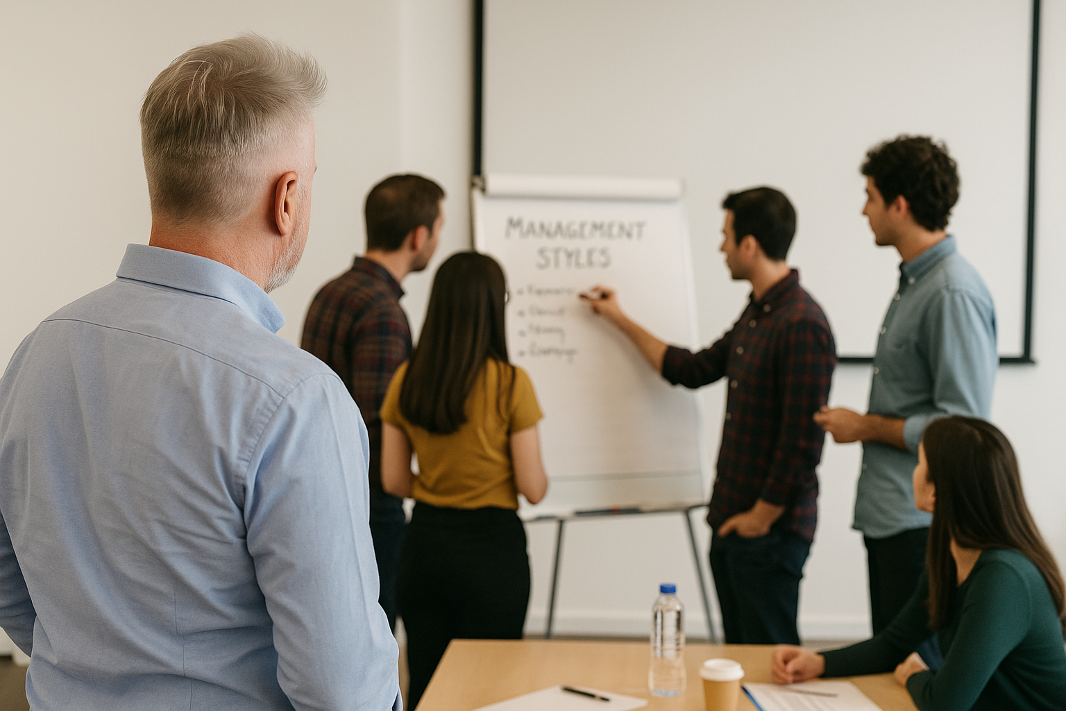 People attending a presentation on management styles in a conference room.