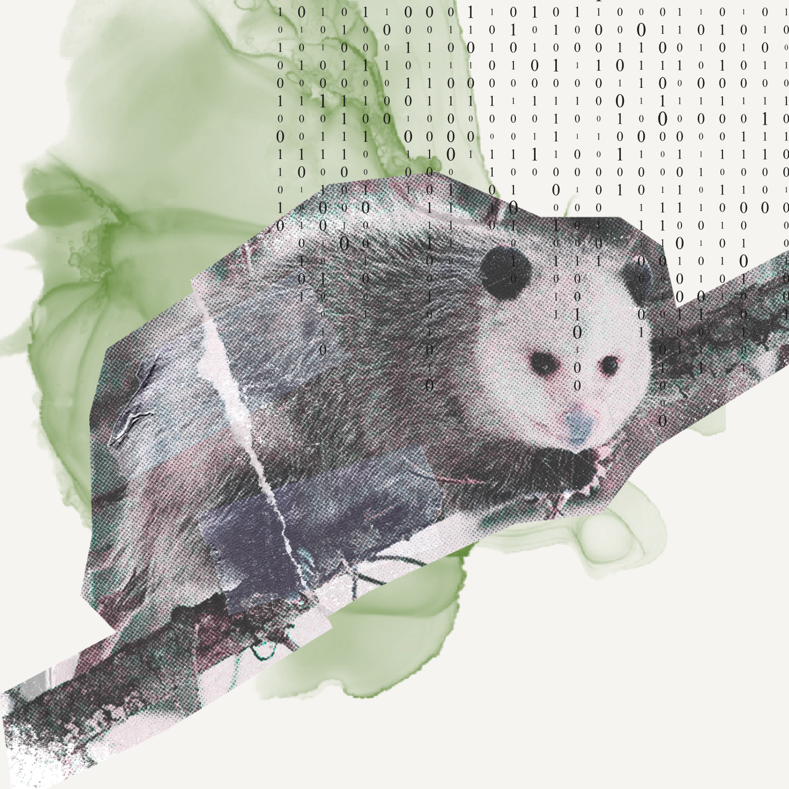 Collage-style opossum, on a stick, with binary code overlay in top right corner