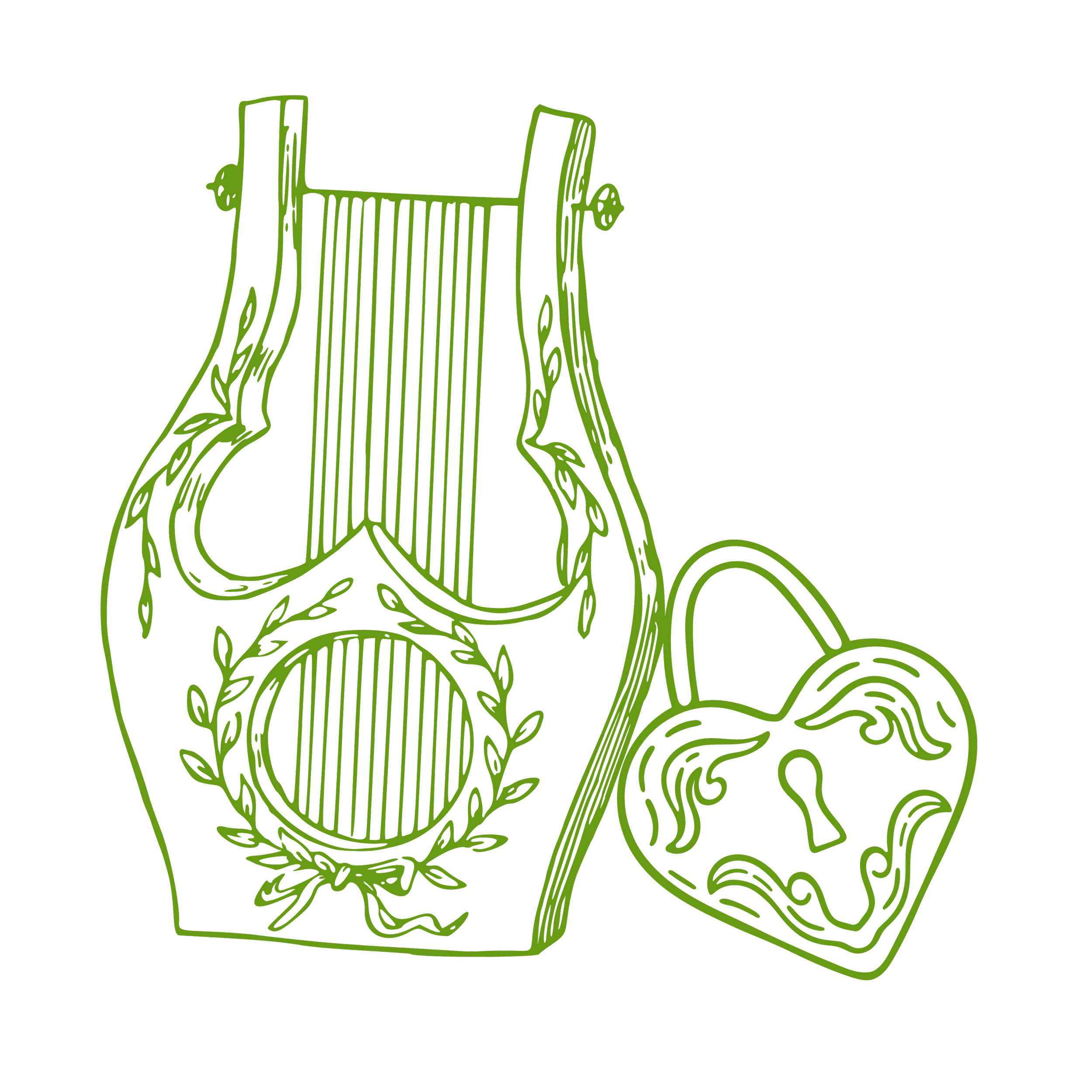 An ornate lyre with a heart locket leaning against it.