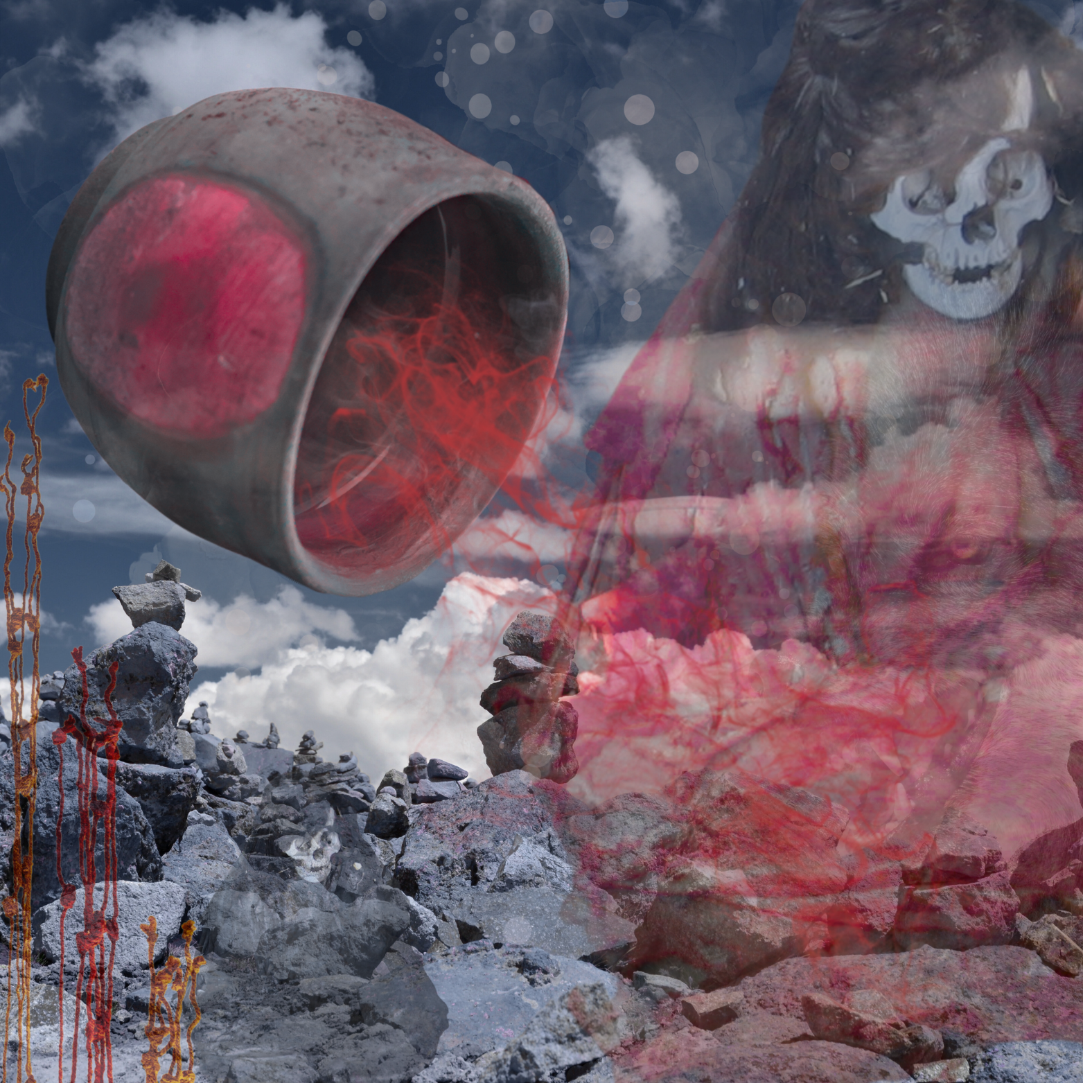 tipping painted cup, translucent wrapped mummy, background of stacked stones