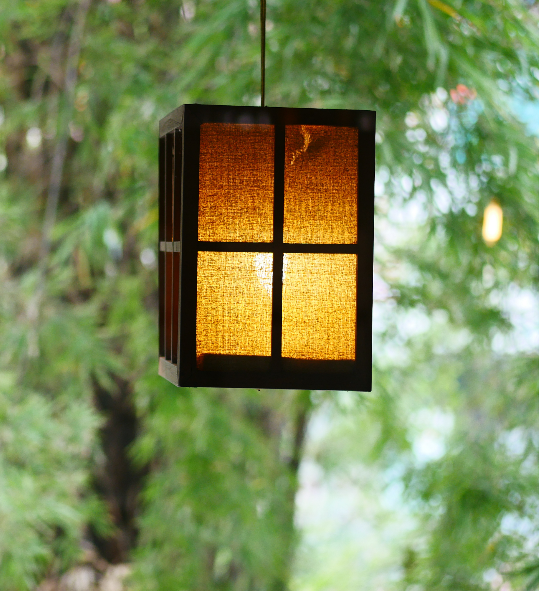 A modern hanging lantern with greenery in the background