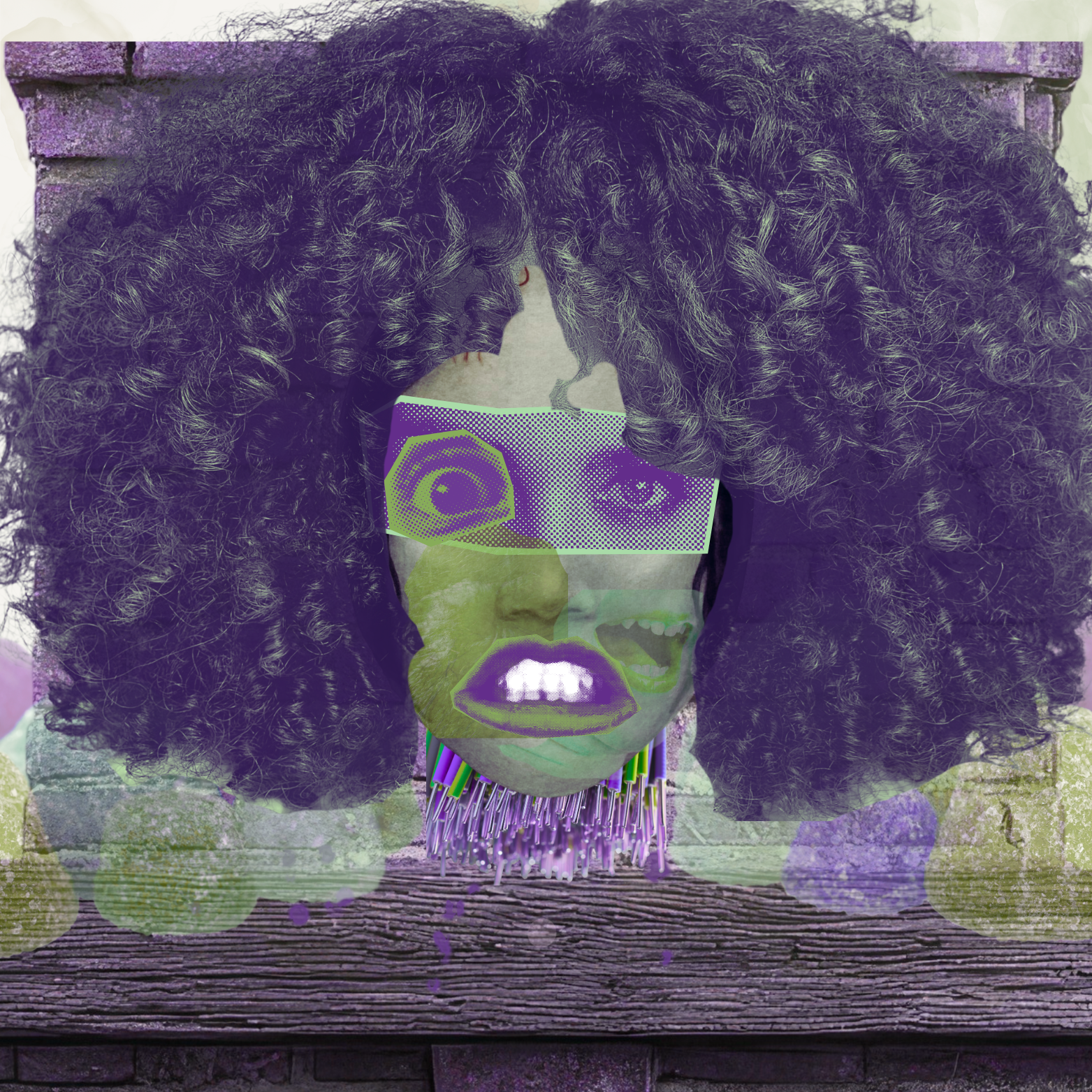 Frankenstein style woman's head with curls and neck-wires, in front of translucent gumdrops