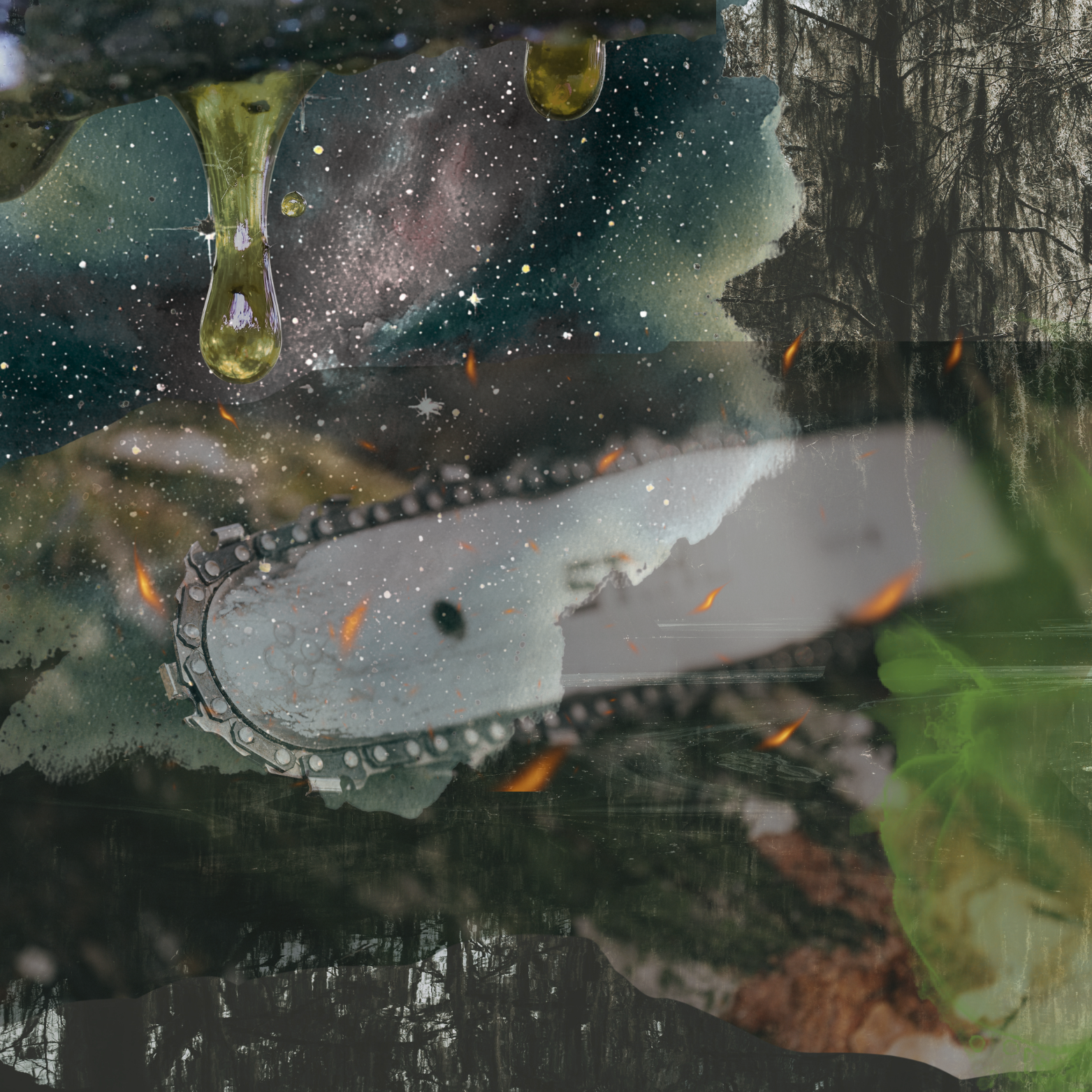 Sparking chainsaw with overlays of nebula and dripping sap