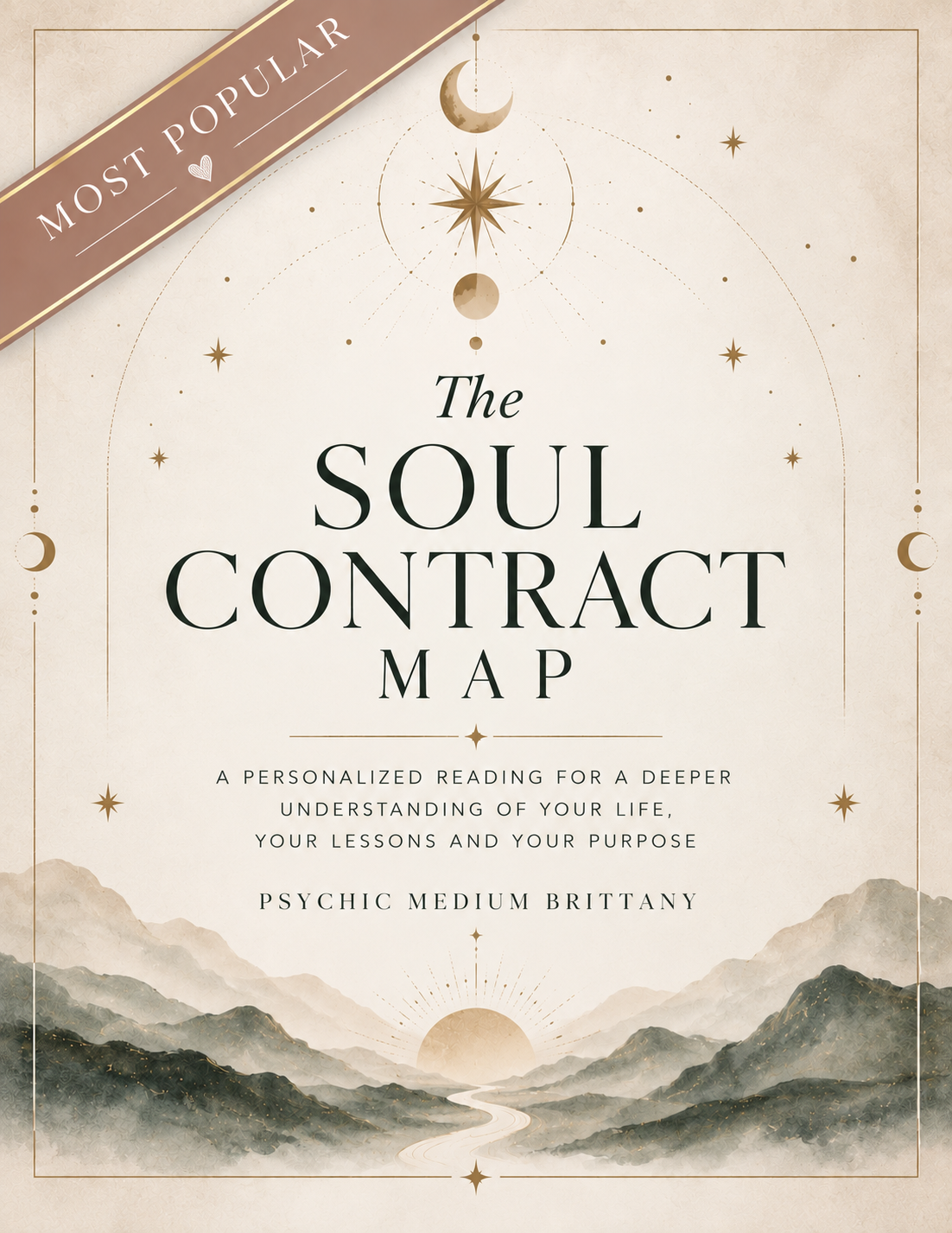 Cover of "The Soul Contract Map" by Brittany, featuring celestial and mountain scenery with moons, stars, and a rising sun in a muted color palette.