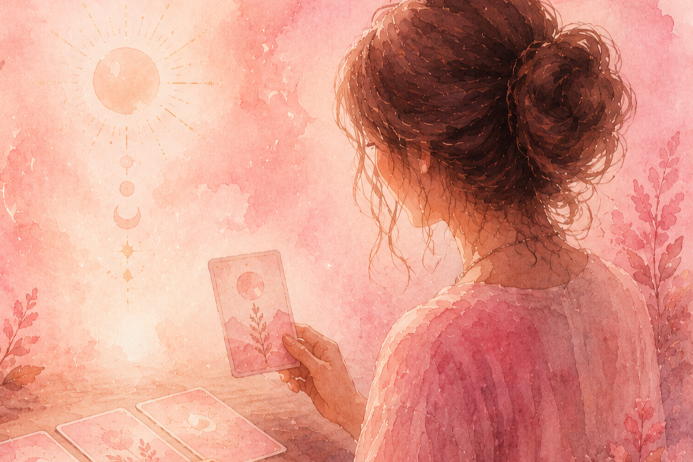 A woman with curly hair holding a tarot card featuring a plant and moon, surrounded by a pink watercolor background, celestial symbols, and additional tarot cards.