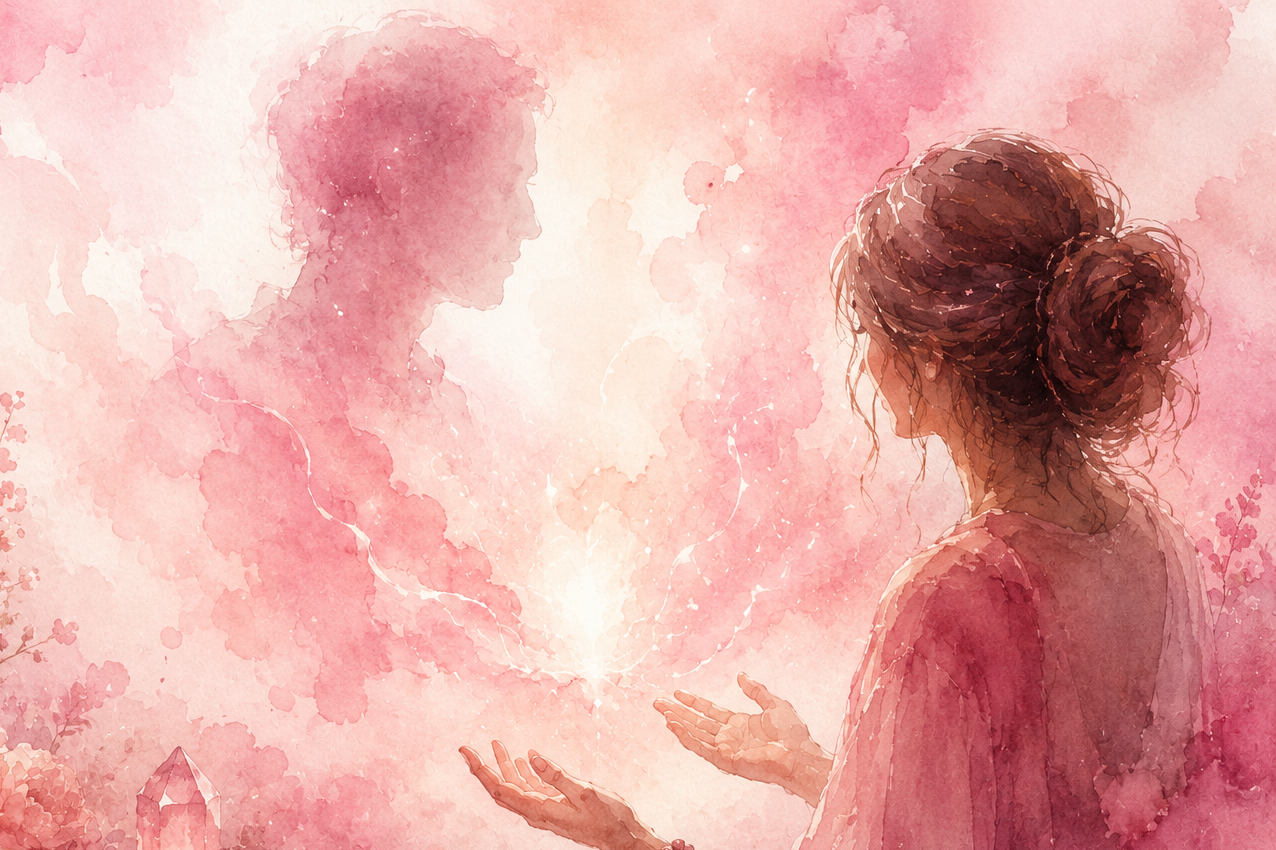 A watercolor painting of a woman with her hair in a bun, holding her hands out towards an ethereal, glowing, silhouette of a man, surrounded by pink and peach watercolor splashes.
