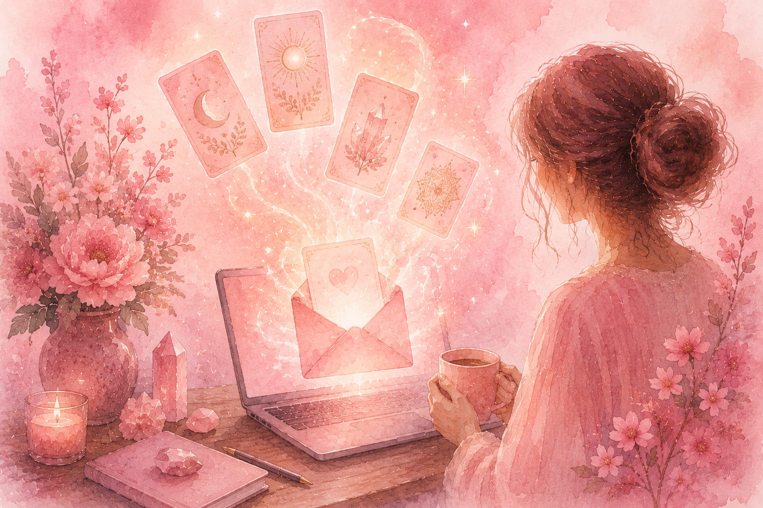 A woman holding a pink mug sits at a table with a pink background. There are tarot cards floating out of a glowing envelope on her laptop, along with pink flowers, crystals, a candle, a notebook, and a pen.