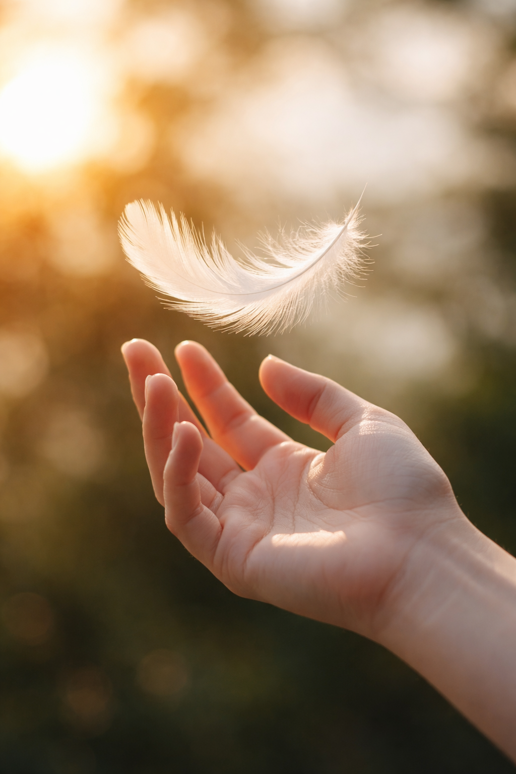 A person's hand releasing a white feather outdoors with blurred background and warm sunlight.