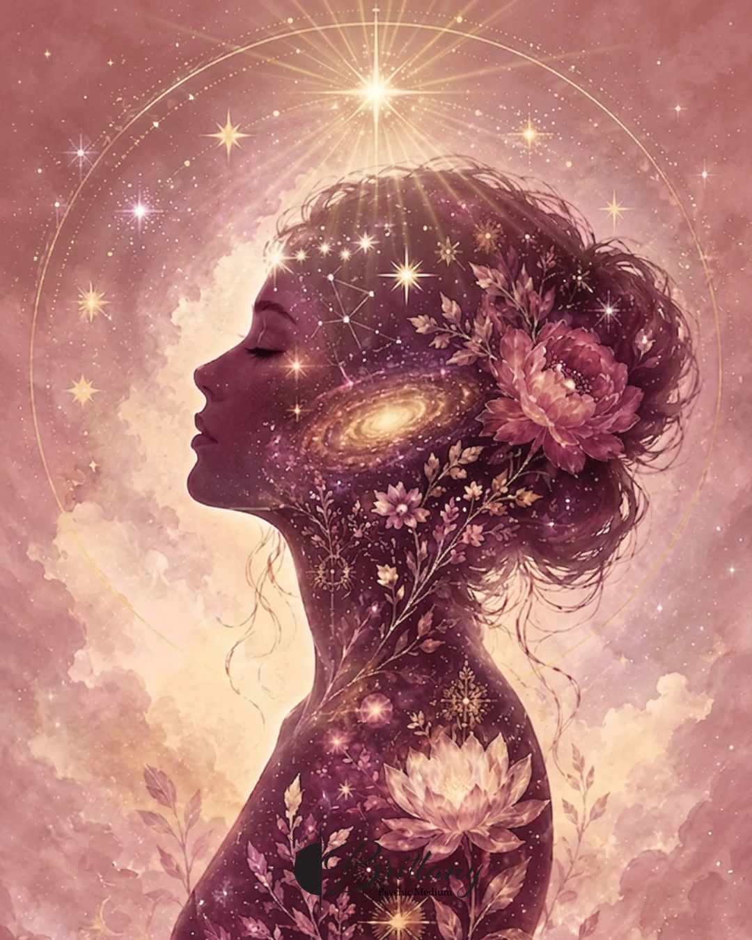 Silhouette of a woman with closed eyes, surrounded by stars, galaxies, flowers, and celestial symbols in a pink and purple cosmic background.