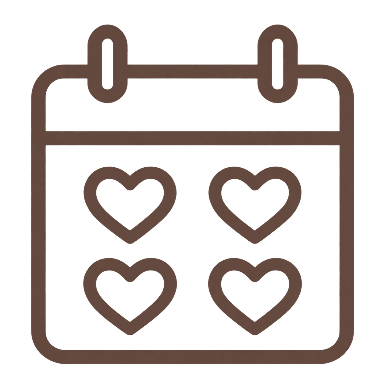 Outline of a calendar with six heart icons inside