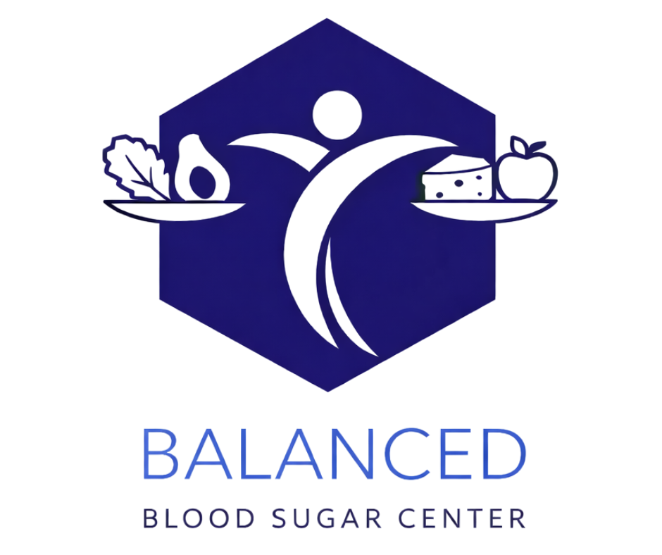 Logo for Balanced Blood Sugar Center featuring a stylized person with outstretched arms holding a plate of healthy food with an avocado and leafy greens on one side and a plate with cheese and an apple on the other side