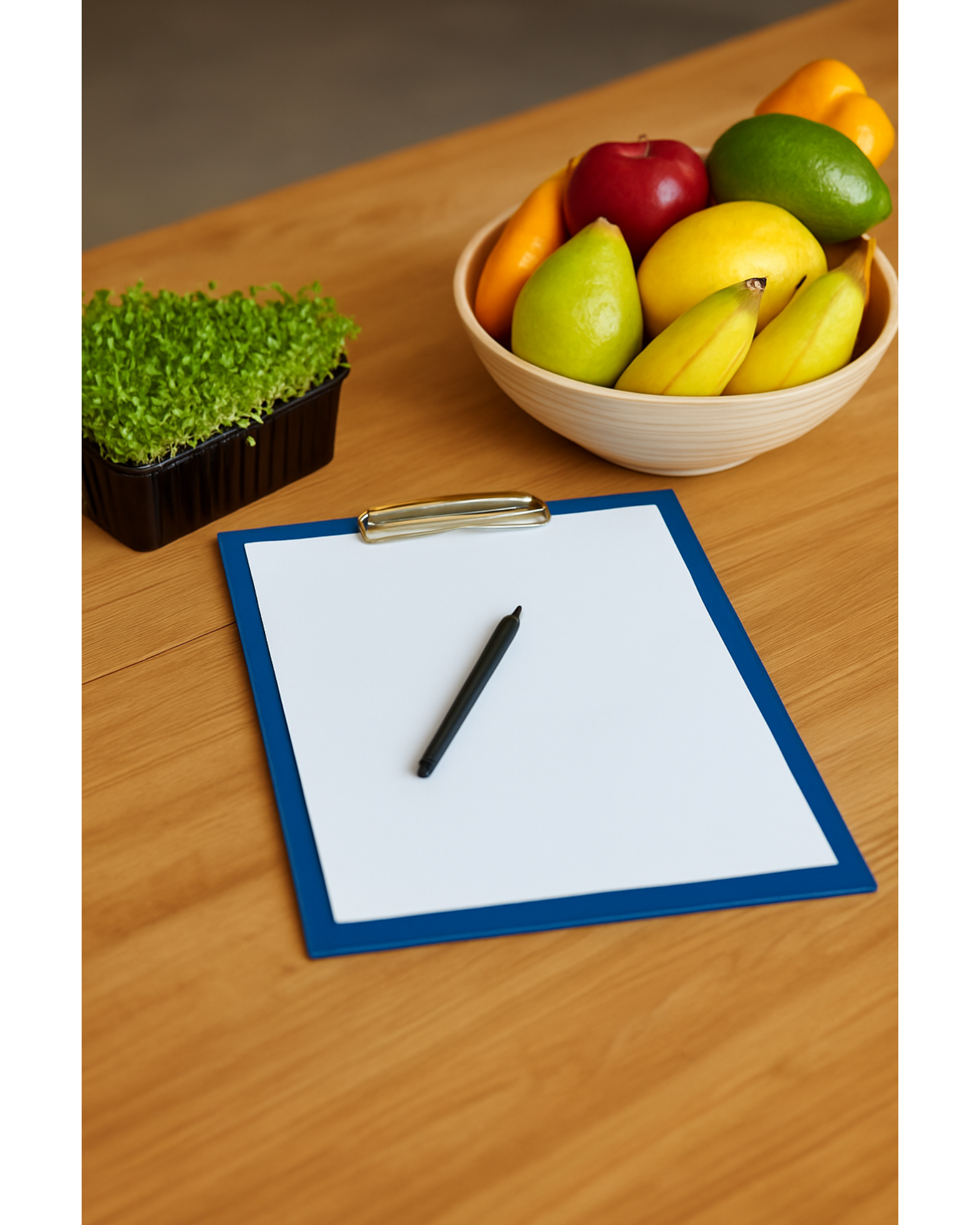 A wooden desk with a white blank clipboard with a black pen, a bowl of mixed fruits, and a small green plant.