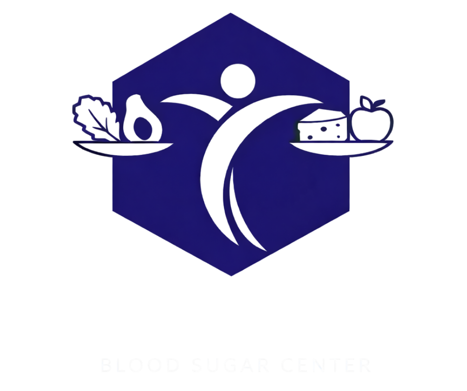 Balanced blood Sugar Center_FOOD_BALANCE_Logo featuring a stylized person with arms extended, holding plates of healthy foods including vegetables, cheese, and an apple.