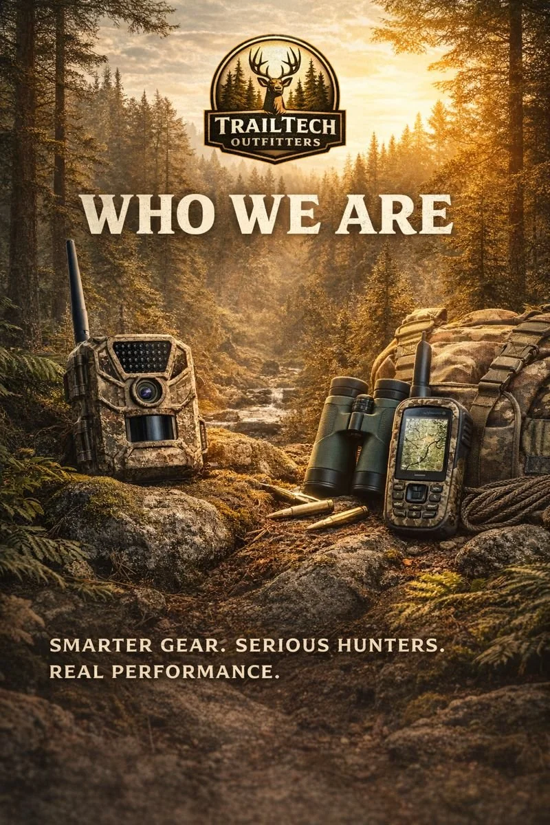 A promotional image for Trail Tech Outfitters featuring hunting gear including a trail camera, binoculars, a GPS device, and bullets on a rocky forest floor with tall trees and a sunset background. The text says "Who We Are" and highlights themes of smarter gear, serious hunters, and real performance.
