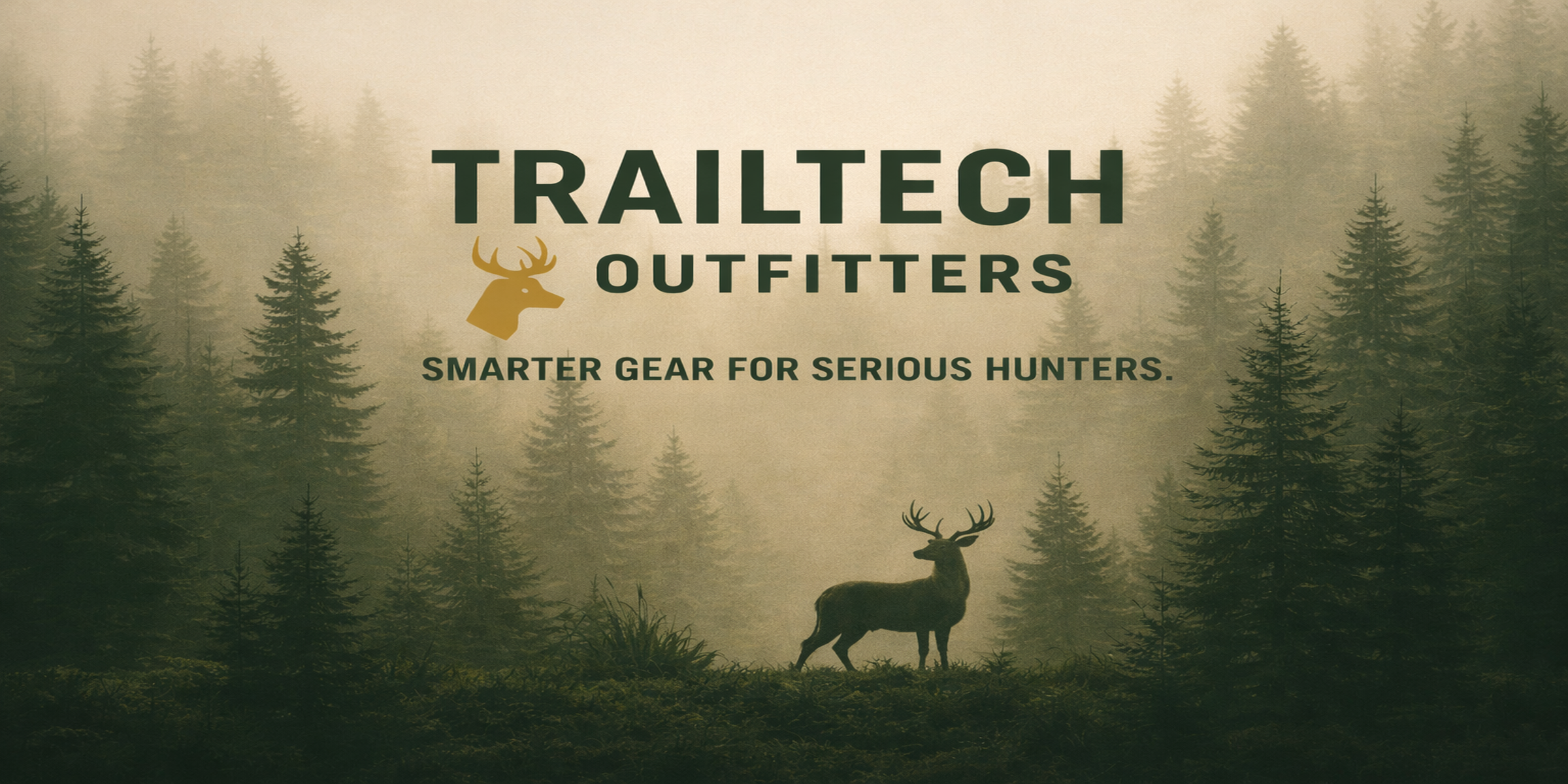 A forest scene with a silhouette of a deer standing among trees, accompanied by the text 'Trailtech Outfitters: Smarter gear for serious hunters.'