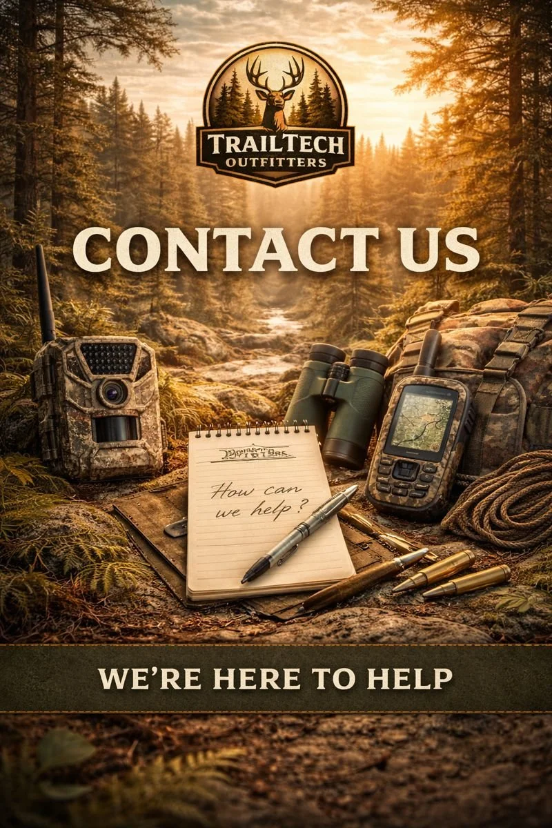 Logo of TrailTech Outfitters with a deer and forest background, and outdoor gear including a trail camera, binoculars, GPS device, rope, bullets, and a notepad with a pen that says "How can we help?" and the message "Contact Us" and "We're here to help."