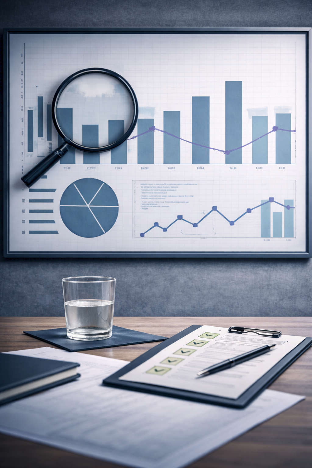 A desk with a glass of water, notes, and a clipboard in the foreground, and a large screen with financial charts and graphs on the wall in the background.