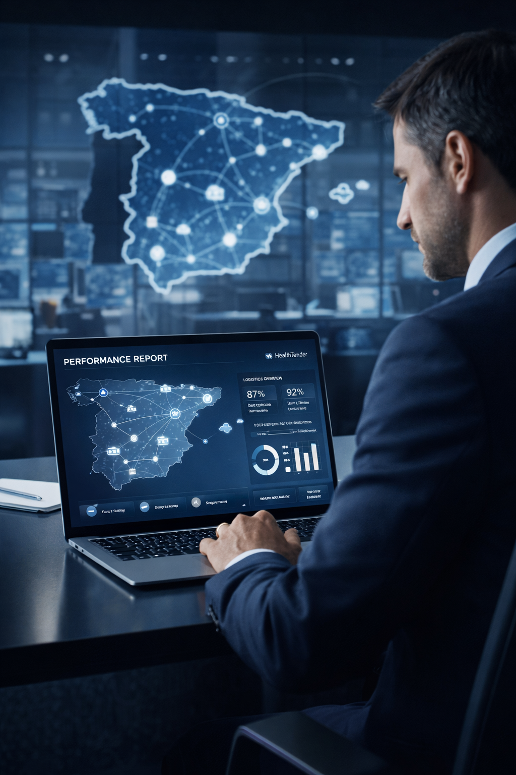 Man in business suit analyzing a digital performance report on a laptop with a map of Spain and interconnected nodes, representing logistics and performance data, in an office setting.