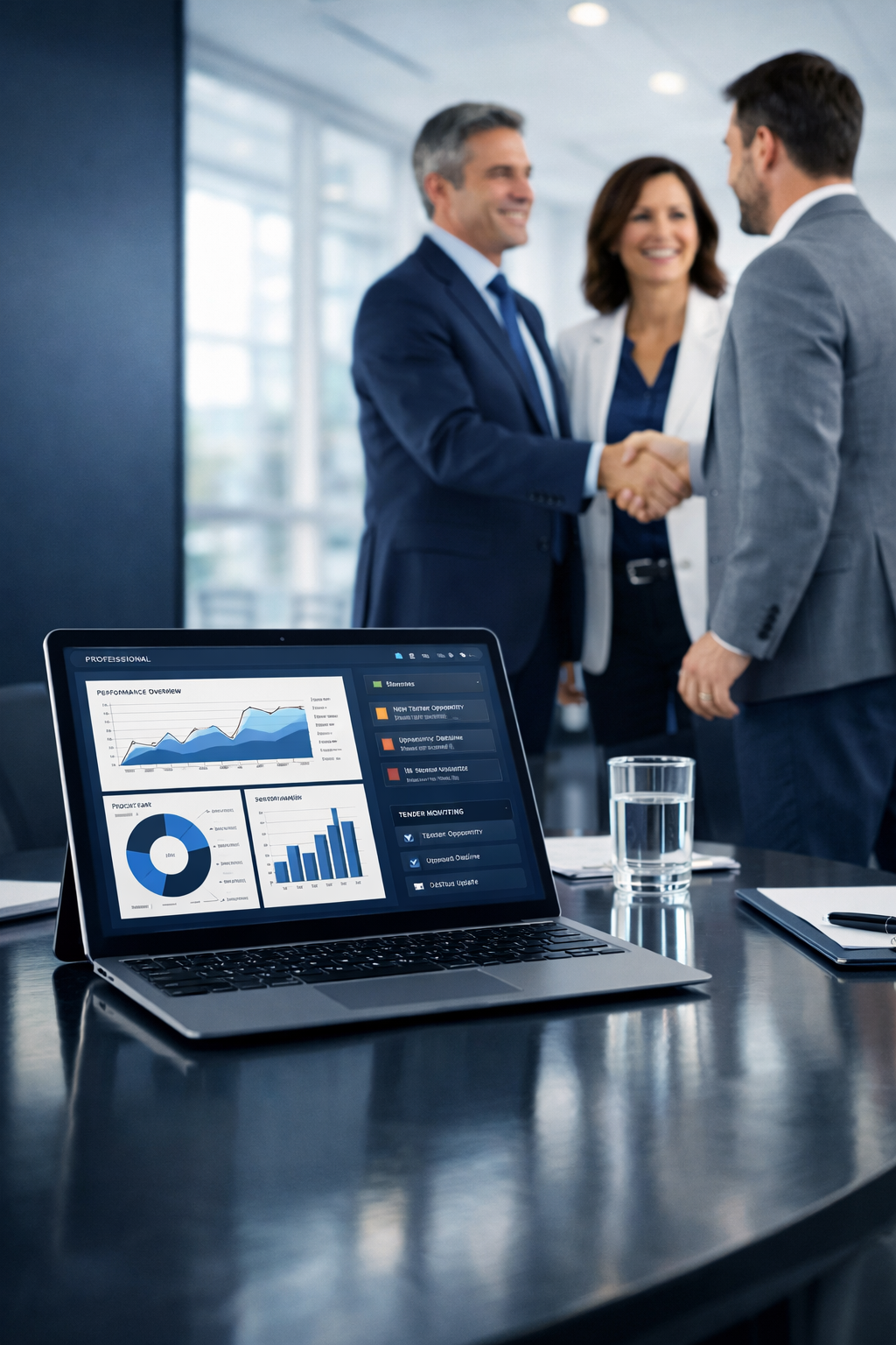 Business professionals shaking hands in a corporate office with a laptop displaying graphs and charts on the table.