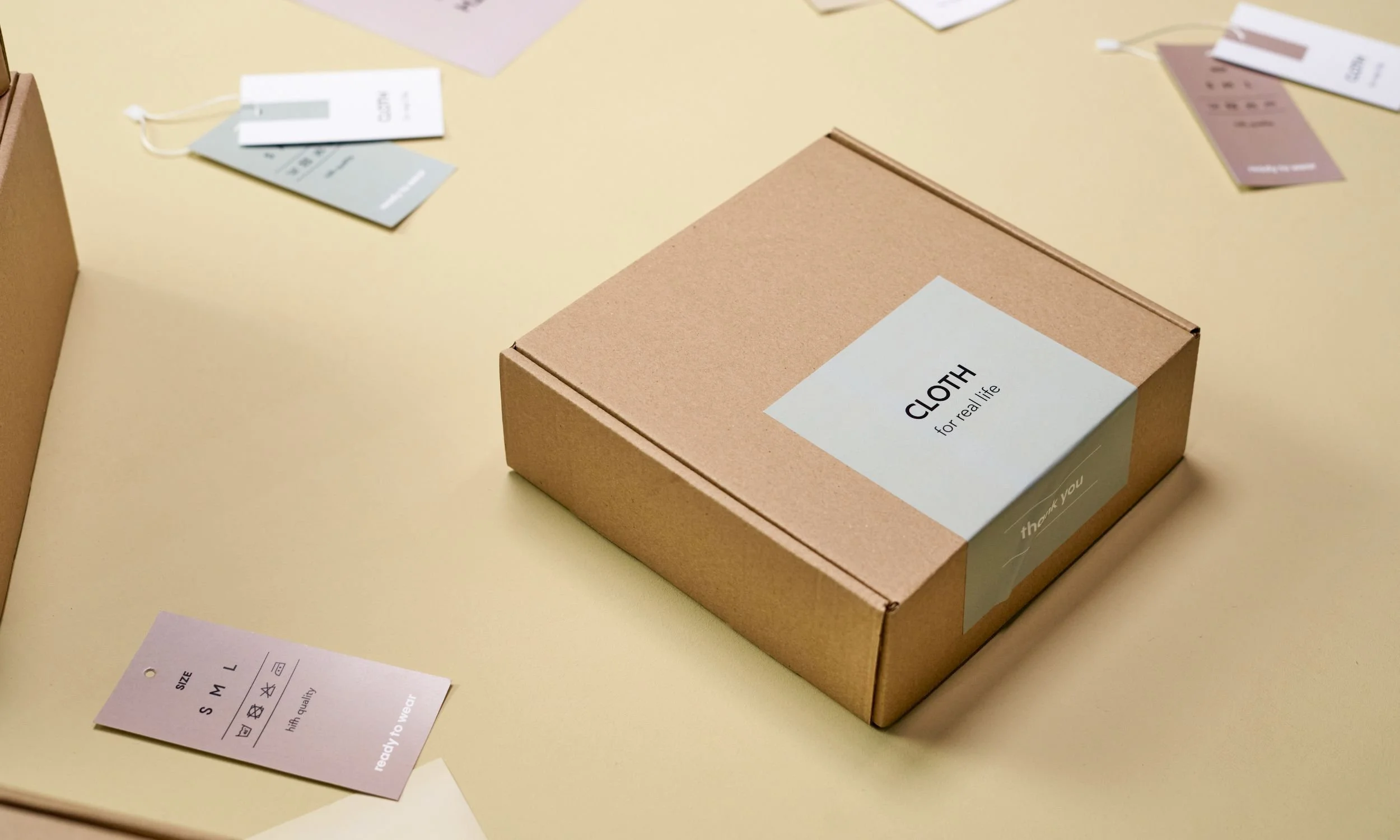 A cardboard box with a label that reads "CLOTH for real life" on a yellow surface, surrounded by clothing tags and labels.