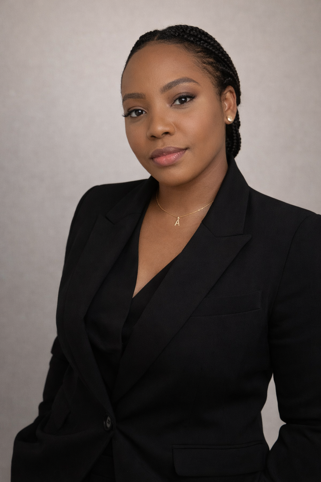 A woman with braided hair wearing a black blazer and a gold necklace with the letter 'A'.