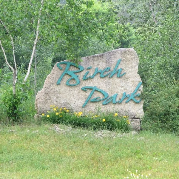 Large stone with turquoise cursive writing that says 'Birch Park' surrounded by grass, yellow flowers, and green trees.