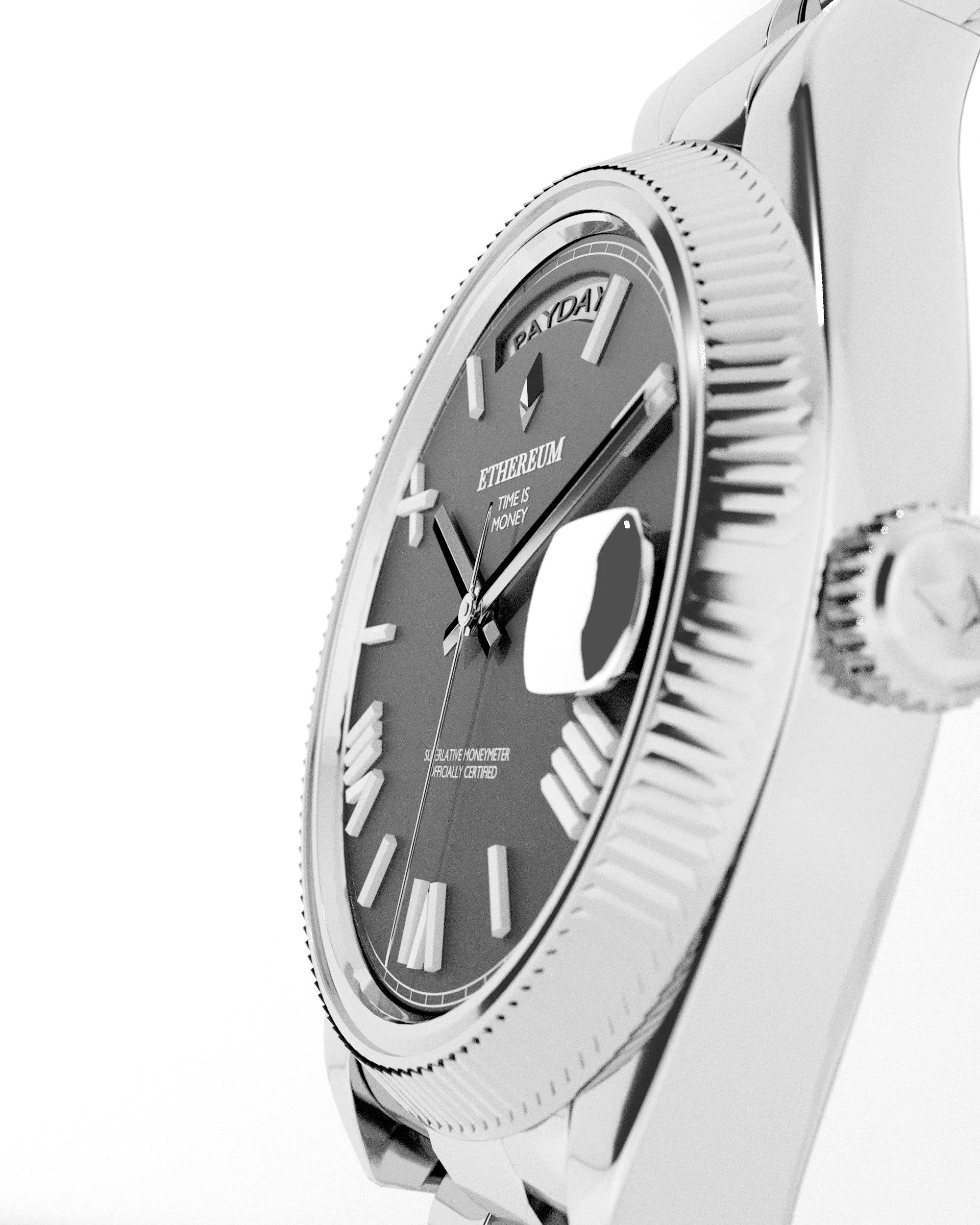 Close-up of a luxury wristwatch with a metallic band and a dark face displaying the words Ethereum and 'Time is Money'. The watch has a date window and is set against a plain white background.