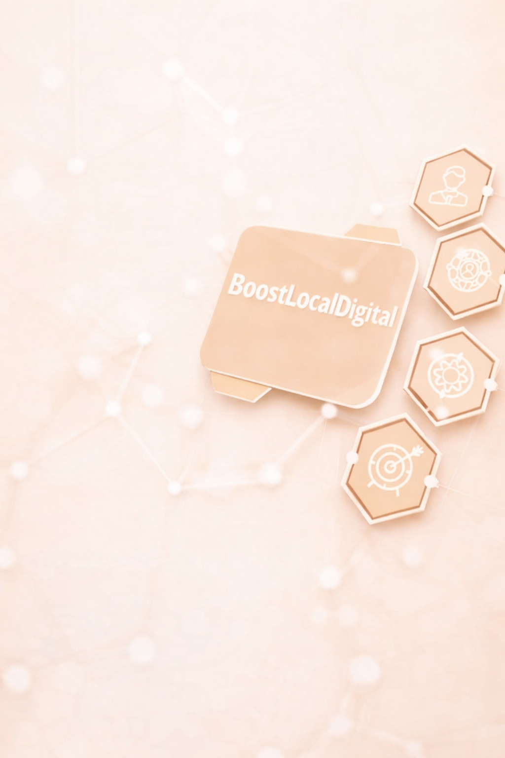 Card with the text 'BoostLocalIDigital' surrounded by hexagonal icons representing a person, globe, gear, and target on a light beige background.