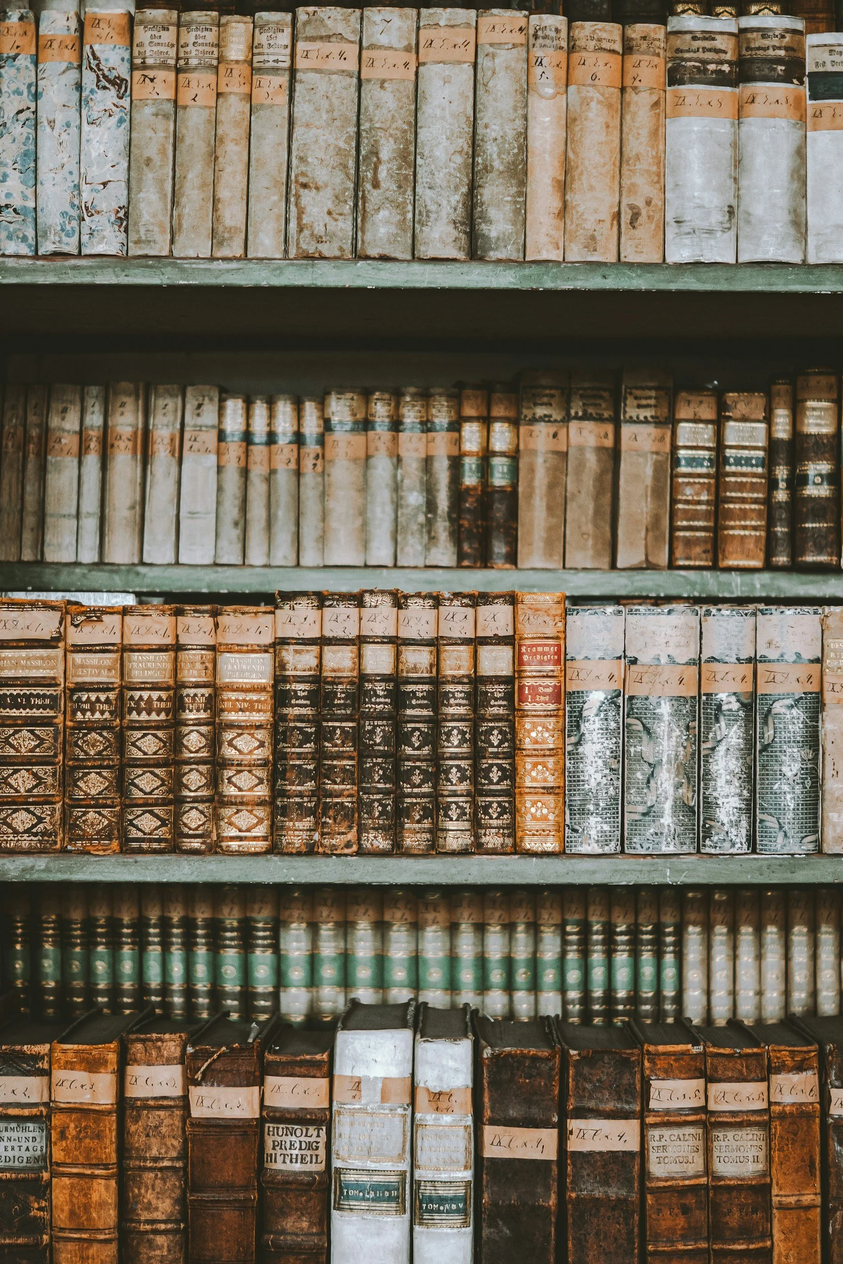 Photo of old, worn hardcover books on a bookshelf, with some titles and labels visible in Latin and other languages.