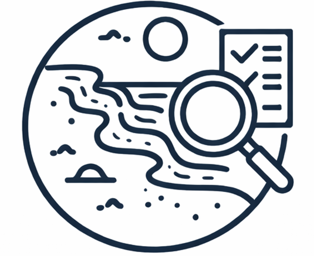 Line art icon of a landscape with a river, mountains, sun, and clouds, with a magnifying glass and a checklist.