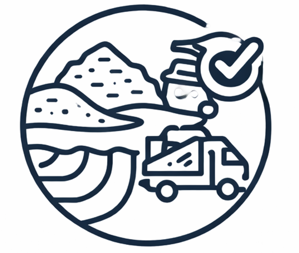 Outline of a landscape with mountains, fields, a river, a truck, and a checkmark in a circle.