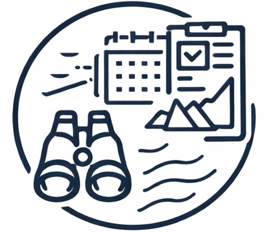 Line drawing of an outdoor planning scene with binoculars, a calendar, a checklist on a mobile device, a mountain with a body of water, and a windmill.